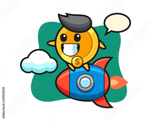 dollar coin mascot character riding a rocket