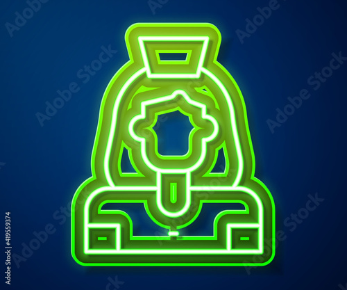 Glowing neon line Cleaning lady service icon isolated on blue background. Vector.