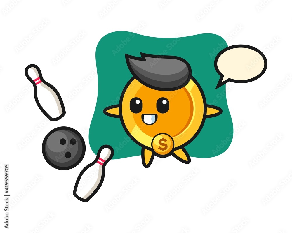 Obraz premium Character cartoon of dollar coin is playing bowling