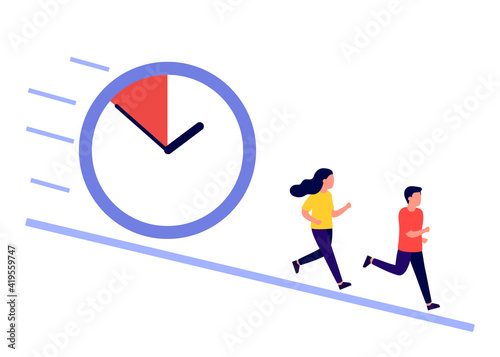People run, hurry, rush to do on work, time is running out. Work time management, people and clock, deadline. People are late. Business timing, concept of interaction people and time. Vector