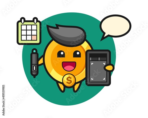 Illustration of dollar coin mascot as a graphic designer