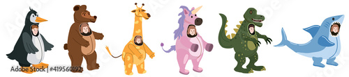 Set Actors in animal Penguin, Bear, Giraffe, Unicorn Dinosaur, Shark costume. Theme party, Birthday kid, children animator, entertainer wearing performer character for holiday masquerade, carnival