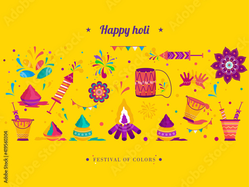Happy holi greeting card, invitation,box packaging, banner, header or icon design.