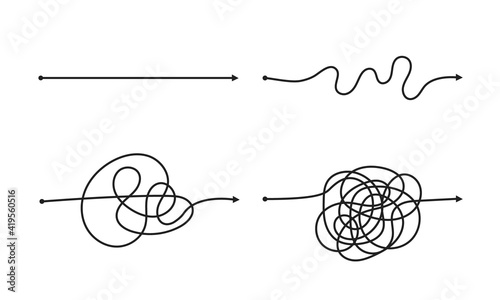 Complex and easy simple way from start to end vector illustration set. Chaos simplifying, problem solving and business solution searching challenge concept. Hand drawn doodle scribble chaos path lines