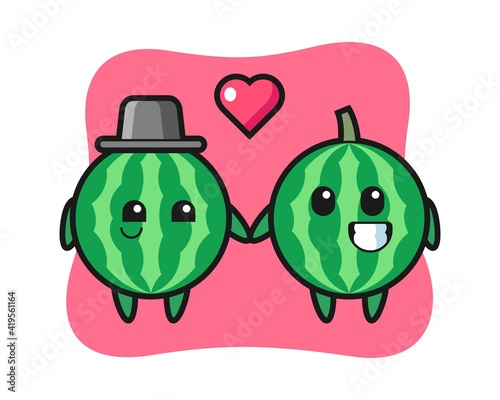 Watermelon cartoon character couple with fall in love gesture