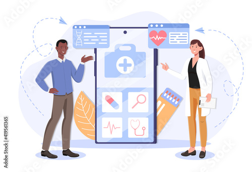 Female doctor using a medical app on a smartphone to examine patient. Concept of online medical consultation and technology. Male patient shows online medical profile. Flat cartoon vector illustration