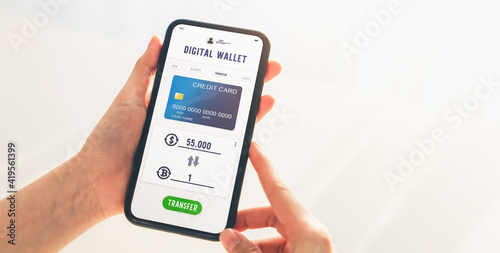 Hand using mobile phone for bitcoin to dollar exchange application. Smartphone screen display payment with credit card.