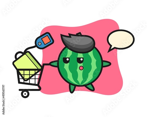 Watermelon illustration cartoon with a shopping cart