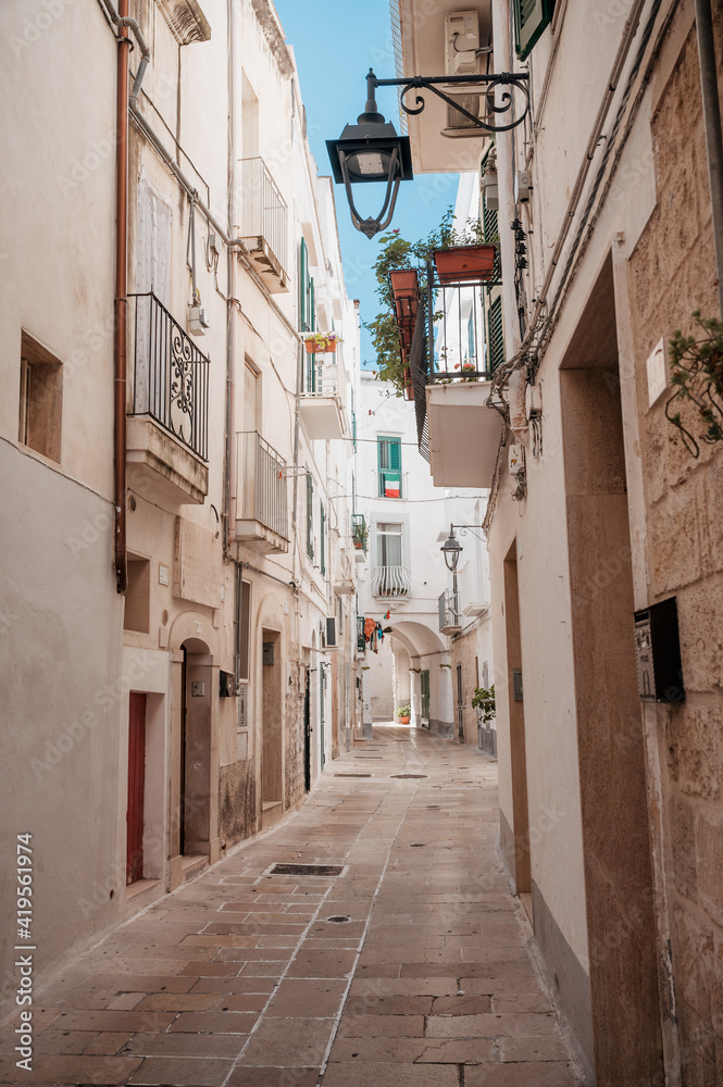 beautiful narrow alley through white buildings in the oldtown of Monopoli in Puglia