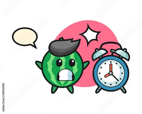 Cartoon illustration of watermelon is surprised with a giant alarm clock