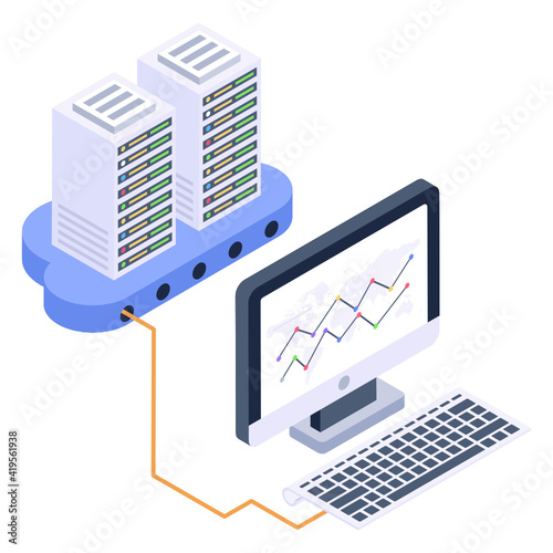 
Server attached with computer denoting isometric icon of shared datacenter 

