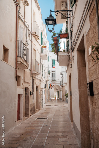 beautiful narrow alley through white buildings in the oldtown of Monopoli in Puglia © schame87