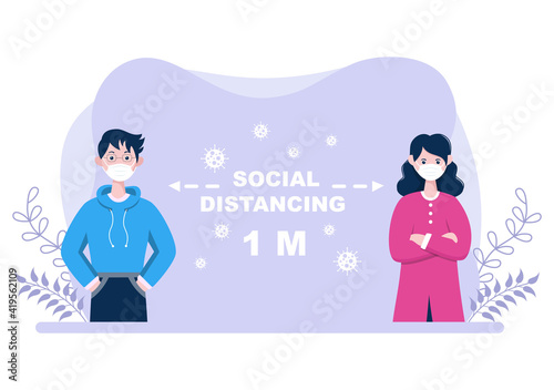 People Who Wear Masks and Maintain a Minimum Social Distancing of 1 Meter to Prevent Coronavirus Disease, Vector Illustration