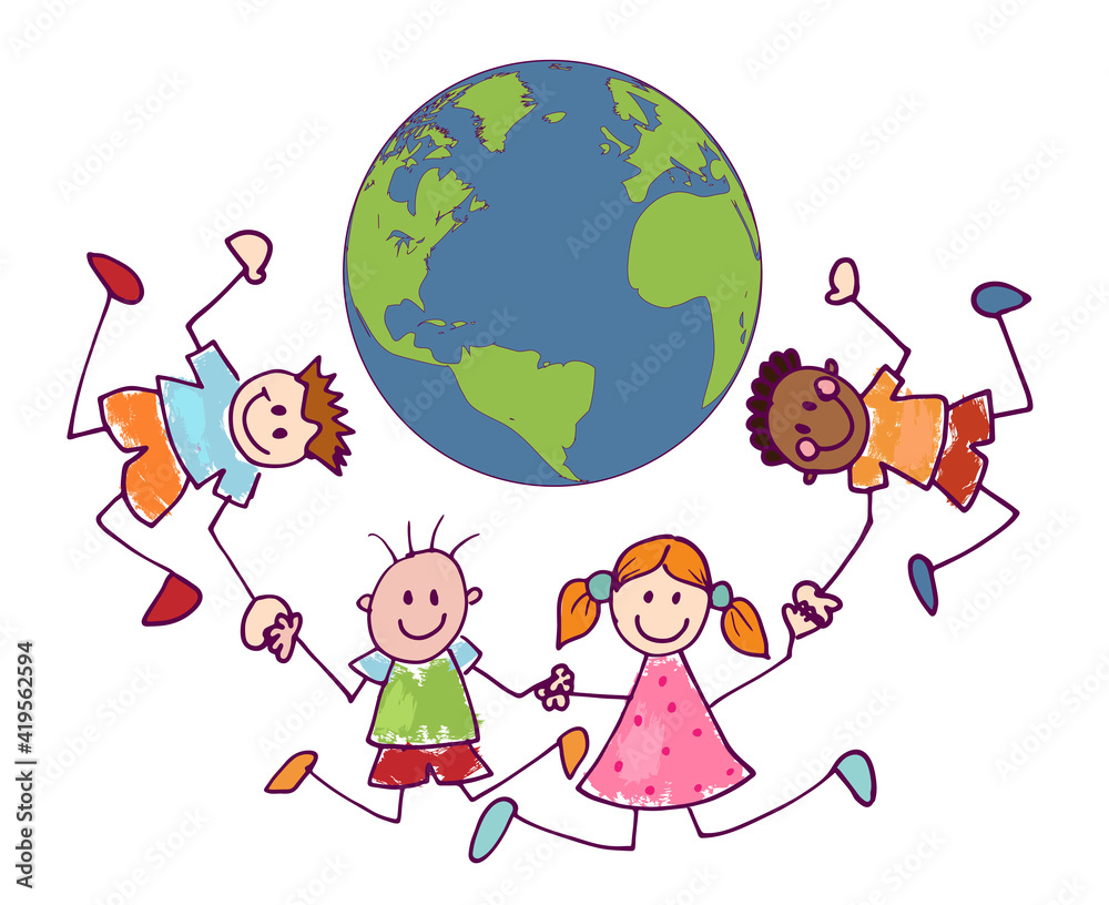 Cartoon of group multiethnic joyful and happy smiling children holding hands in a circle around the Earth. Cute kids in doodle style. Peace unity friendship. Environment and green planet Cartoon of group multiethnic joyful and happy smiling children holding hands in a circle around the Earth. Cute kids in doodle style. Peace unity friendship. Environment and green planet