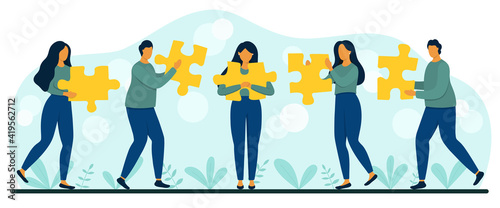 Business people hold puzzle pieces in hands. Teamwork, partnership, support concept. Flat style vector illustration.