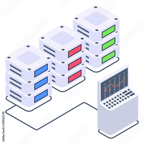 
Server attached with computer denoting isometric icon of shared datacenter 

