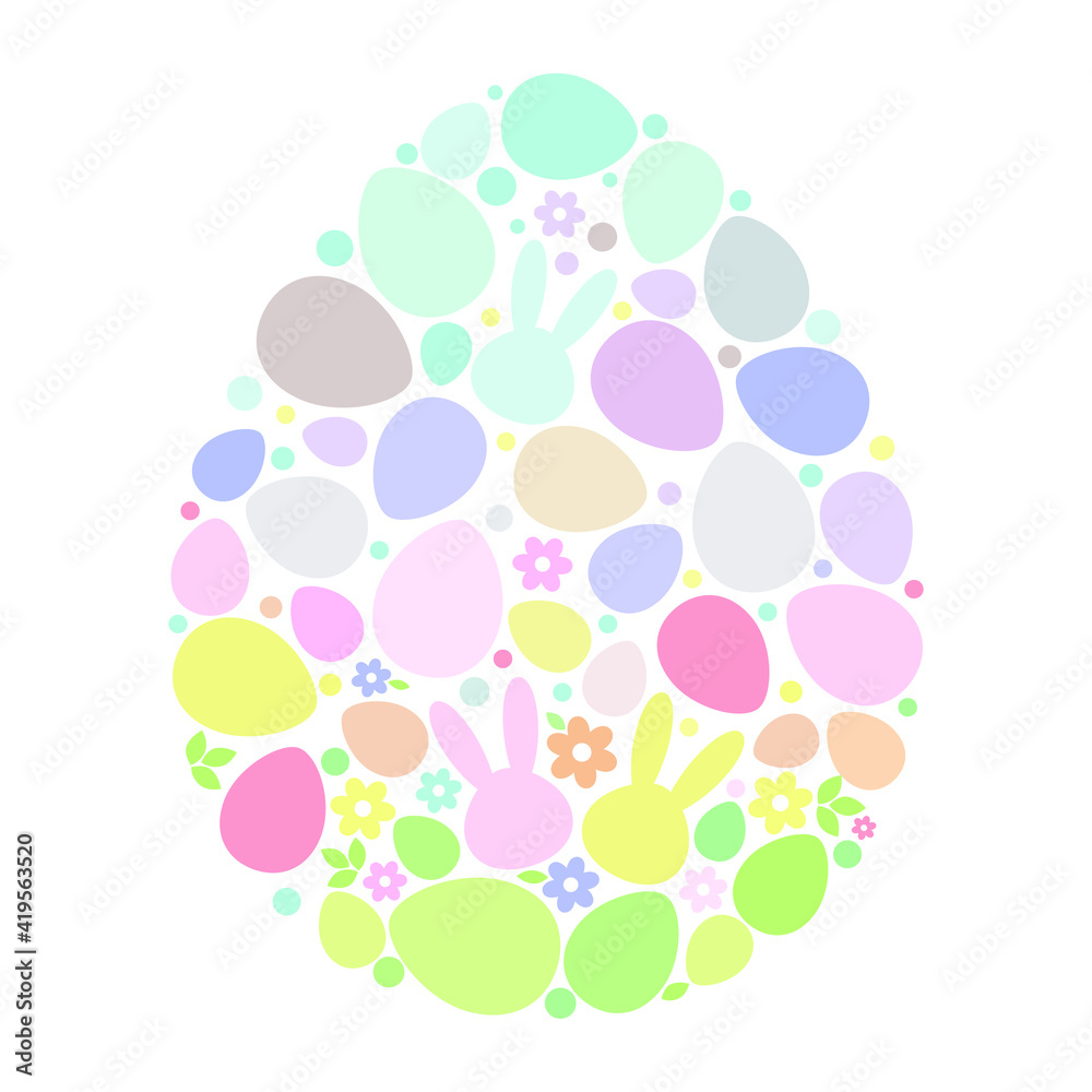 Colourful pastel single easter egg vector graphic with different elements. rabbit, flowers, leaves, dotted, eggs. Vector illustration. EPS10