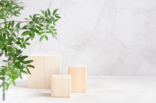 Fototapeta Naklejka Na Ścianę i Meble -  Elegant beige wooden cube podiums with green lush foliage in sunlight on white board and grey marble wall for product display. Simple modern summer design.