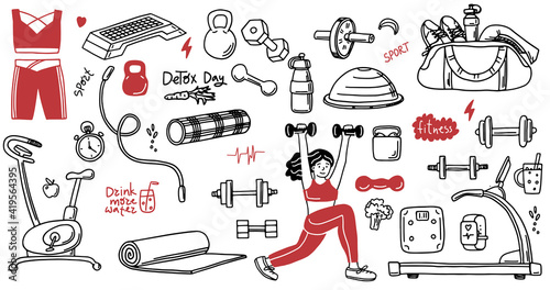 Set of hand drawn sport doodle with ball, bottle, medal, food, diet, fitness and gym elements. Cartoon sketch style. Vector illustration for healthy and activity life design concept.