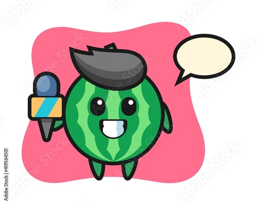 Character mascot of watermelon as a news reporter