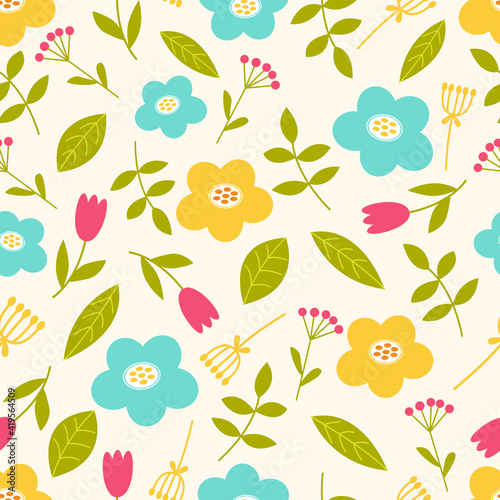 Seamless floral pattern. Vector seamless background with flowers, branches, berries. Pattern for packaging, textiles, stationery, postcards, posters.