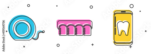Set Dental floss, Dentures model and Online dental care icon. Vector.