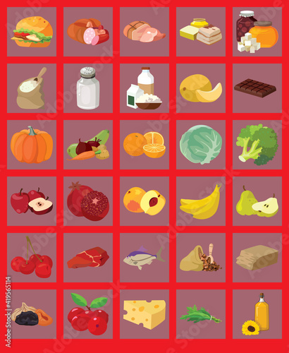 Fruits, vegetables, fats, meat, cereals, dairy products. Red food pomegranate. Vector illustration. Top view. Food concept. Healthy eating.