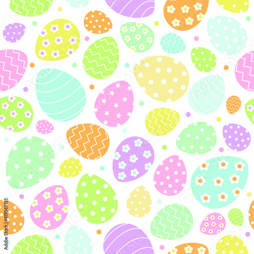 Vector colored easter eggs seamless pattern for Easter holidays on white background. Patterns, flowers, lines, dots, stars. Vector illustration. EPS 10