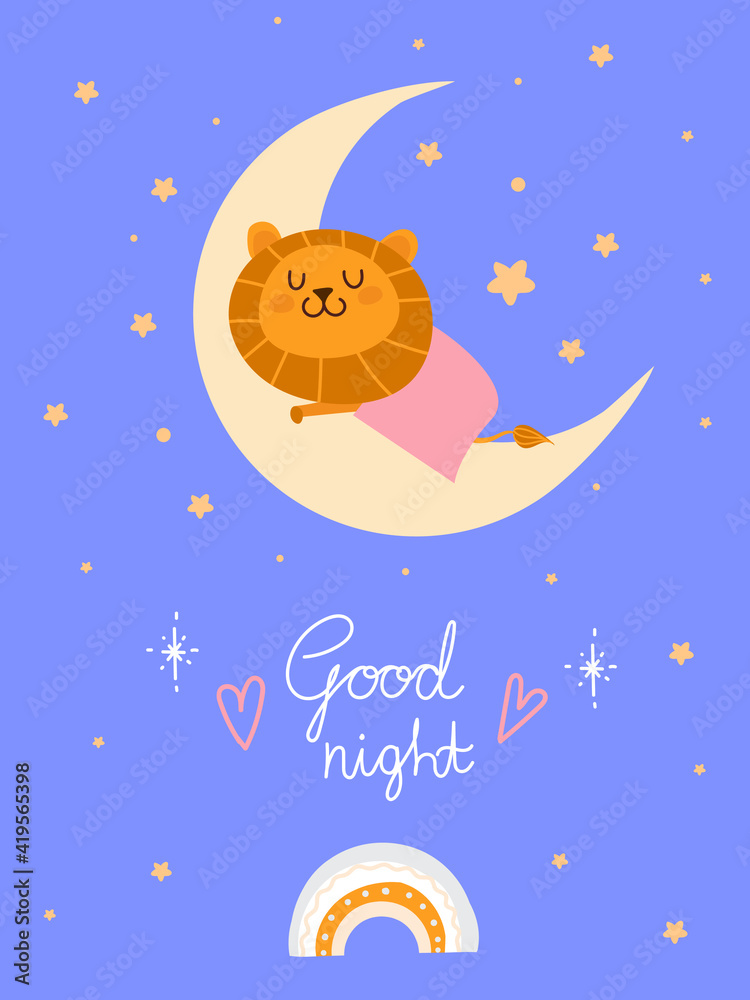 good night poster with sleeping lion