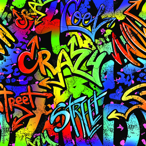 Abstract bright graffiti and monsters pattern. With bricks  paint drips  words in graffiti style. Graphic urban design for textiles  sportswear  prints. 