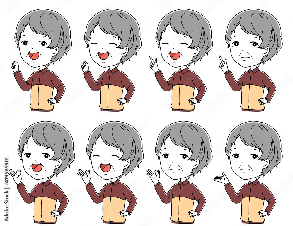 ガッツポーズやokサインや指差し案内をしているジャージ姿のおばあちゃんの上半身のイラストセッ Stock Vector Adobe Stock
