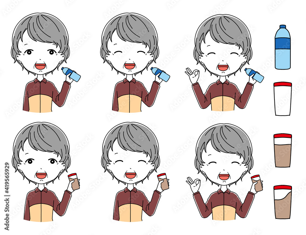 水とプロテインを持っているジャージのおばあちゃんの上半身のイラストセット