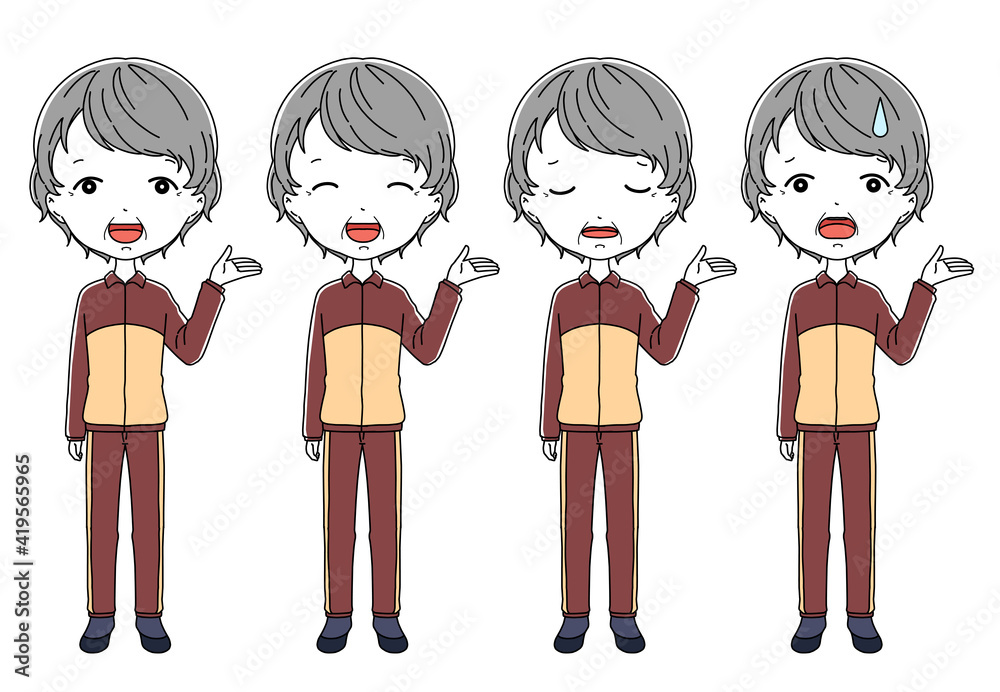 案内をしているジャージ姿のおばあちゃんの全身イラストセット 案内をしているジャージ姿のおばあちゃんの全身イラストセット