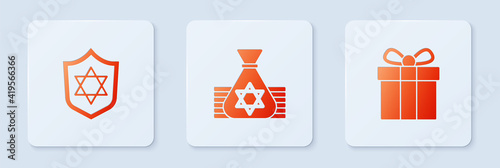 Set Jewish money bag, Shield with Star of David and Gift box. White square button. Vector.