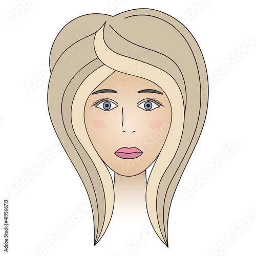 Womans face. Lady full face. Haircut for medium hair-cascade. Colored vector illustration. Cute blonde with blue eyes. Blush on the cheeks. Long eyelashes. Black eyebrows. 