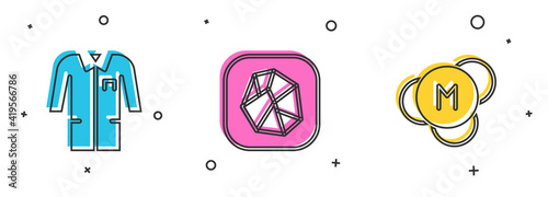 Set Laboratory uniform, Salt stone and Molecule icon. Vector.