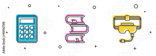 Set Calculator, Book and Virtual reality glasses icon. Vector.