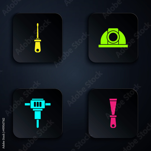 Set Putty knife, Screwdriver, Construction jackhammer and Worker safety helmet. Black square button. Vector.