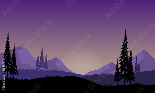 A view of the mountains with incredible silhouettes of cypress trees at night from the suburbs. Vector illustration