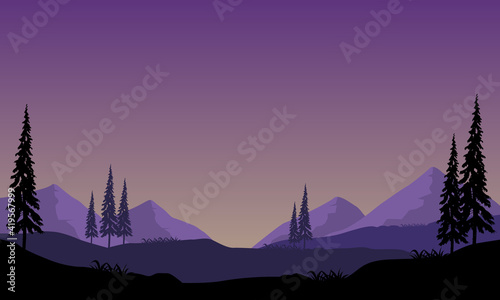Stunning night sky with views of the mountains and trees from the edge of the city. Vector illustration