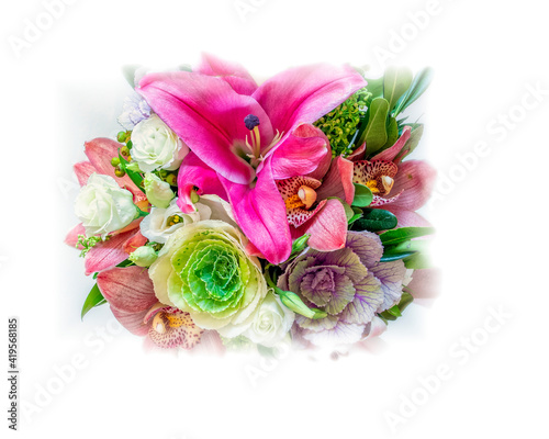 colorful variety of flowers bouquet top view closeup with white frame background