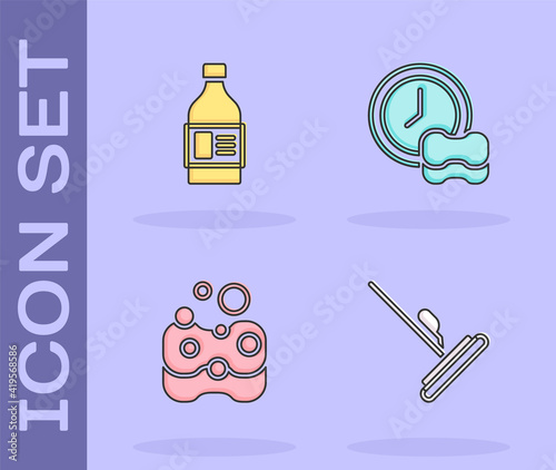 Set Mop, Bottle for cleaning agent, Sponge and Washing dishes icon. Vector.