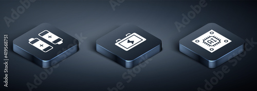 Set Isometric Battery, Processor with microcircuits CPU and icon. Vector.