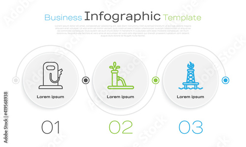 Set line Petrol or gas station, Oil pump or pump jack and Oil rig with fire. Business infographic template. Vector.