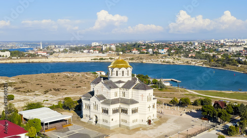 Sevastopol, Crimea. Vladimirsky Cathedral in Chersonesos. Chersonesus Tauric - founded by the ancient Greeks on the Heracles peninsula on the Crimean coast, Aerial View photo