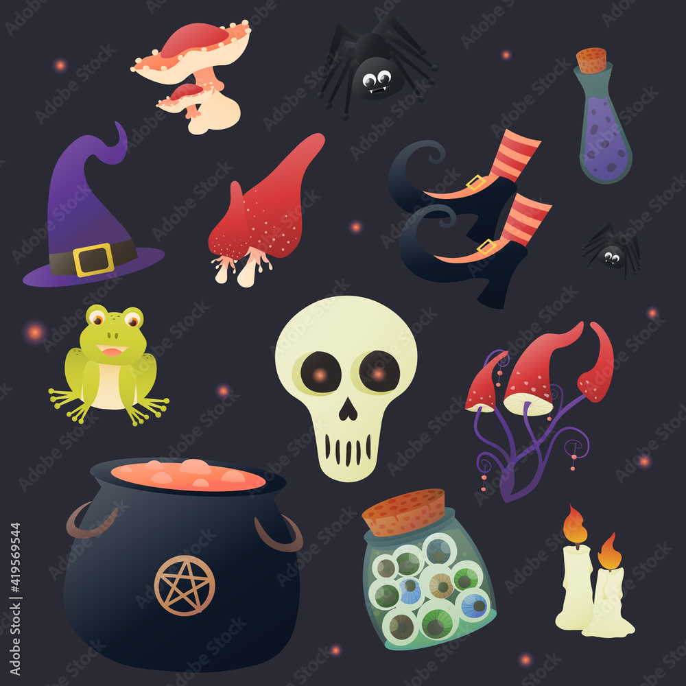 Magical items set in cartoon style on dark background, fantasy colourful poisonous mushrooms, witch hat, frog, poison bottle, cauldron, skull, spooky theme Magical items set in cartoon style on dark background, fantasy colourful poisonous mushrooms, witch hat, frog, poison bottle, cauldron, skull, spooky theme