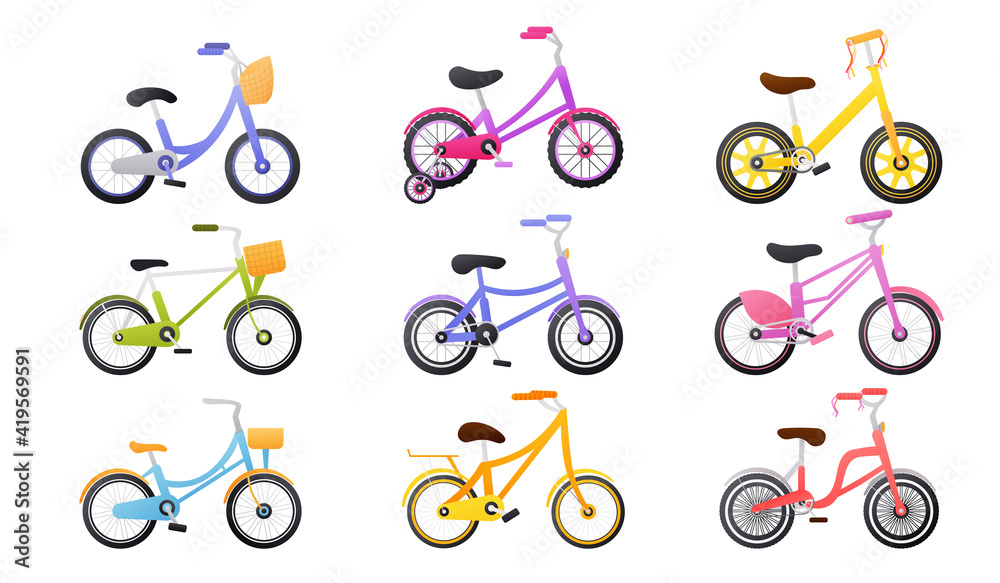 Set of colourful kids bicycle, healthy lifestyle objects, children bikes, transport for travel, toys for child in cartoon style on white background Set of colourful kids bicycle, healthy lifestyle objects, children bikes, transport for travel, toys for child in cartoon style on white background
