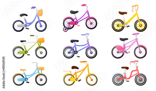 Set of colourful kids bicycle, healthy lifestyle objects, children bikes, transport for travel, toys for child in cartoon style on white background