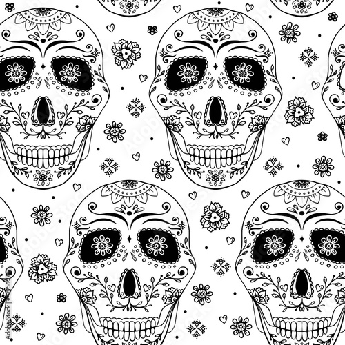 Doodle skull with flowers and heart. Seamless pattern.