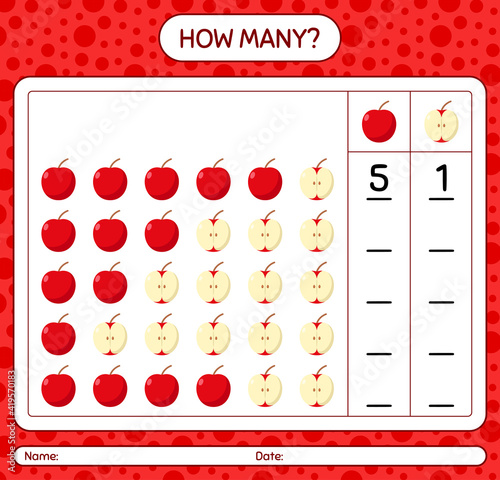 How many counting game with apple worksheet for preschool kids, kids activity sheet, printable worksheet